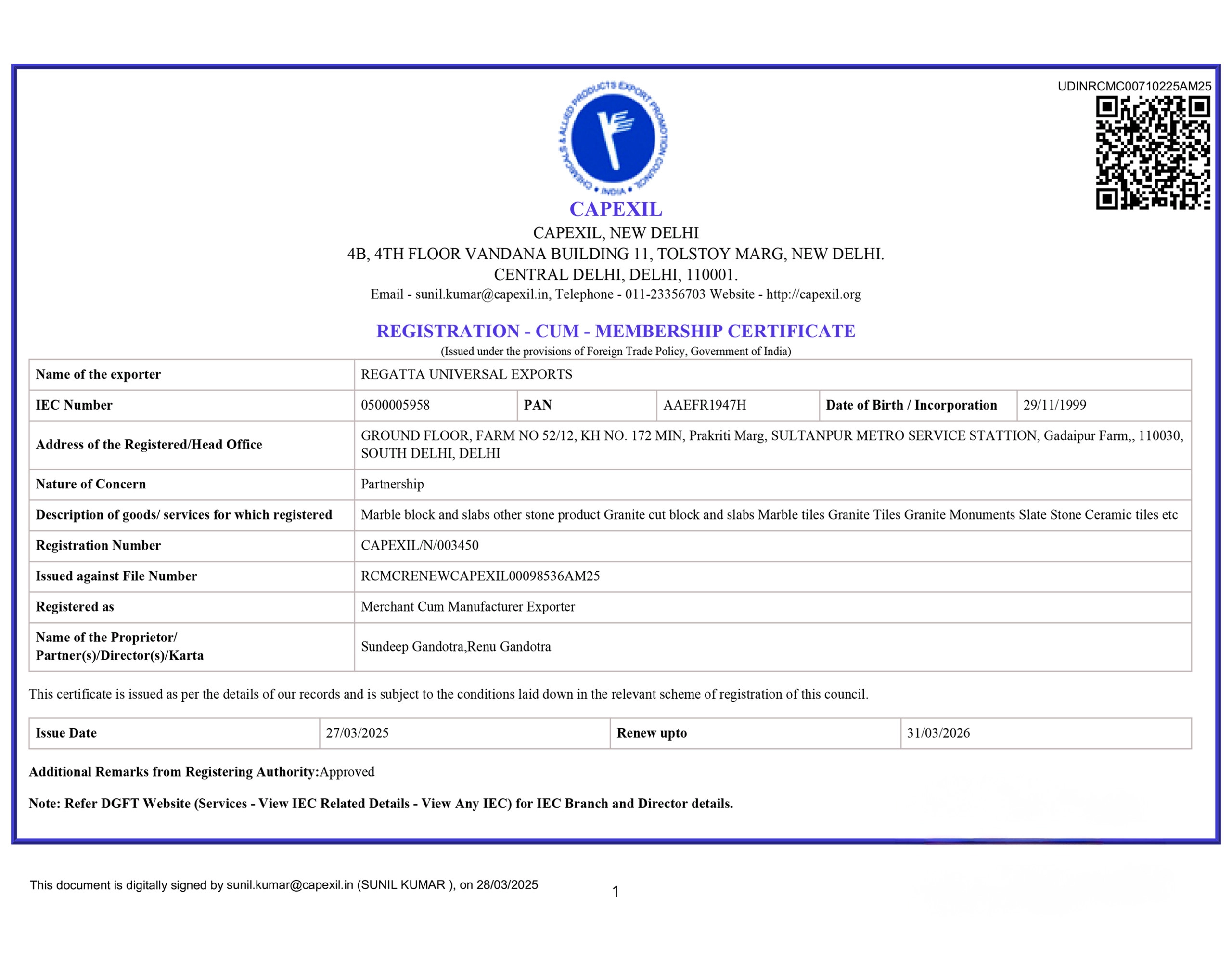 CAPEXIL Certificate